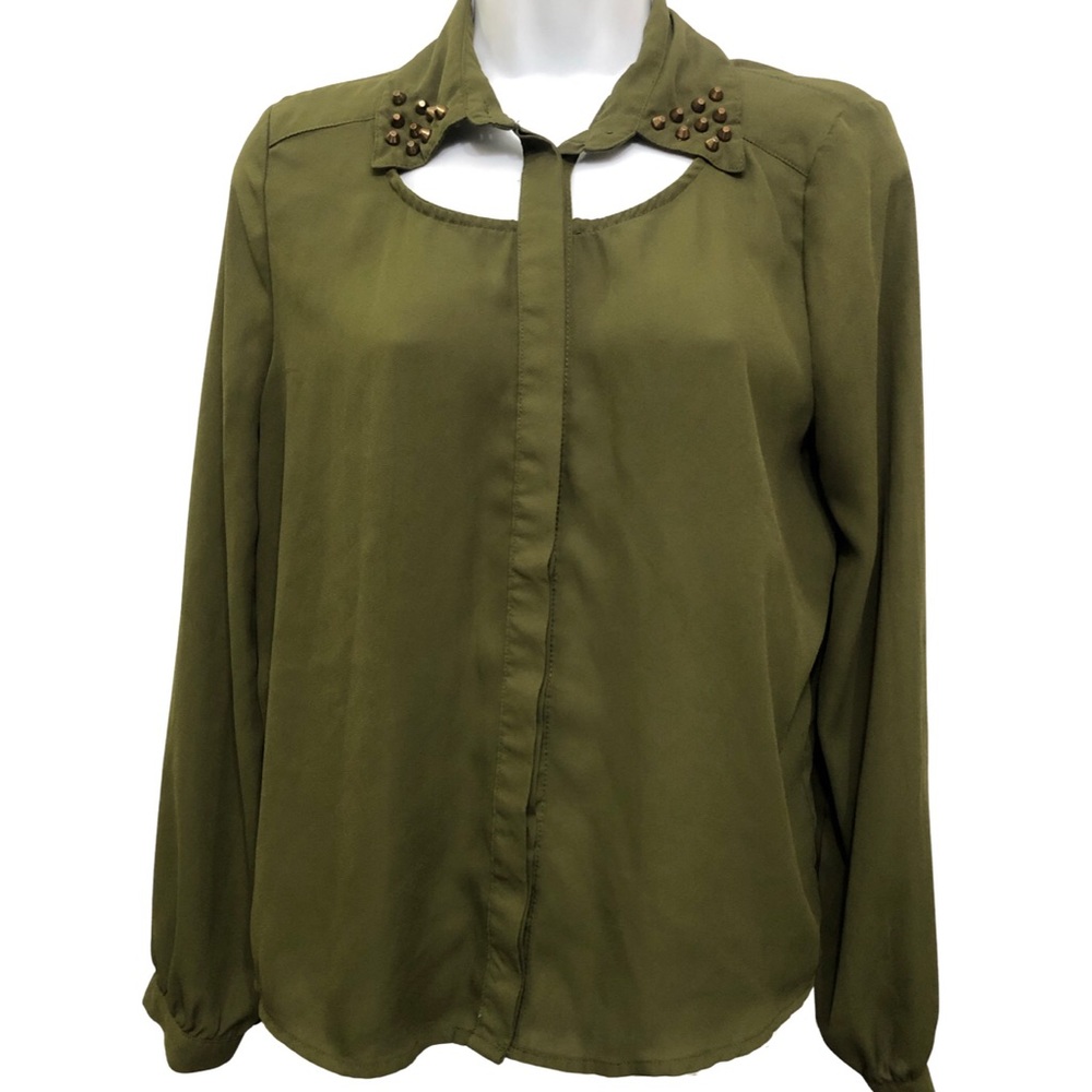 Foreign Exchange Olive Green Long Sleeve Blouse Button-Up Collar Studs Preowned